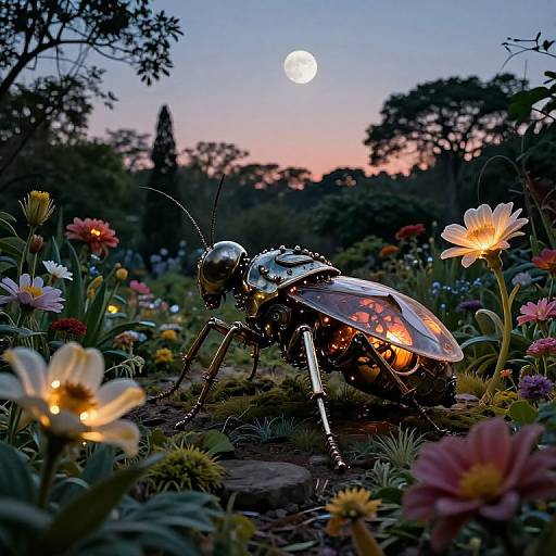 Photograph of a glowing, metallic insect sculpture in a twilight garden, surrounded by colorful flowers, with a full moon in the sky.