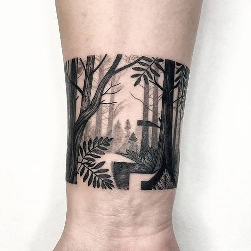 Black ink tattoo of a dense forest with tall trees and foliage on a human wrist, featuring a small, rectangular structure in the background.