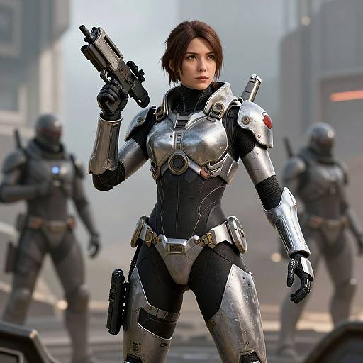 CGI image of a fierce, brown-haired woman in futuristic silver and black armor, holding a gun, standing in a smoky urban battlefield with two