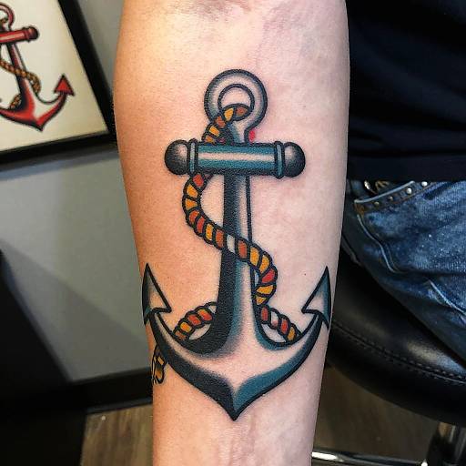 Photograph of a colorful tattoo on a forearm: a black anchor with a yellow and orange rope wrapped around it, set against pale skin. Background includes