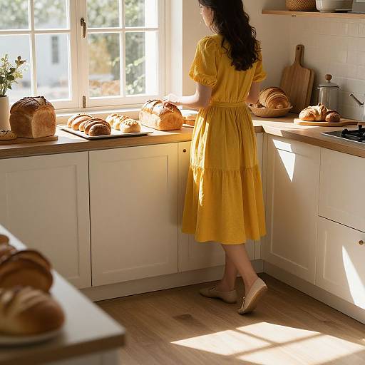 Photograph of a woman in a yellow dress standing in sunlit kitchen, facing window, surrounded by bread loaves and baking utensils.