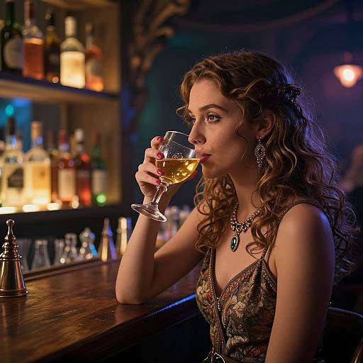 Photograph of a curly-haired woman in a patterned dress, sipping a glass of amber liquid at a dimly-lit bar, with blurred