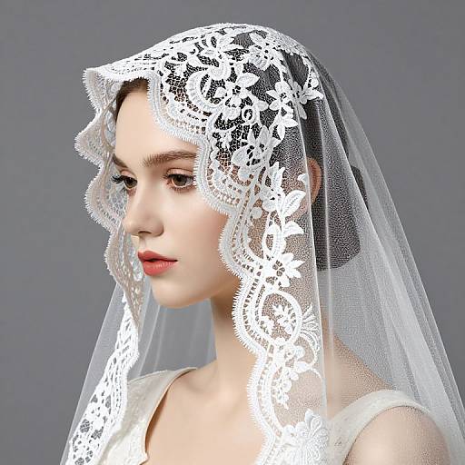 Photograph of a young woman with fair skin, red lipstick, and dark hair, wearing an elegant white lace veil and white dress, against a plain