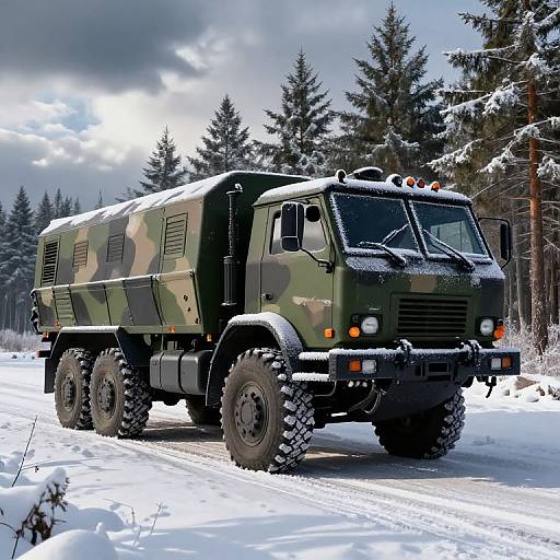 Photograph of a camouflaged military-style truck with large black tires, snow-covered roof, and headlights on, driving through a snowy forest under a