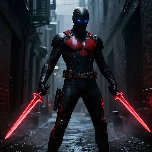 Photorealistic CGI of a black armored, glowing-blue-eyed warrior with red lightsaber in both hands, standing in a dark, rainy alley.