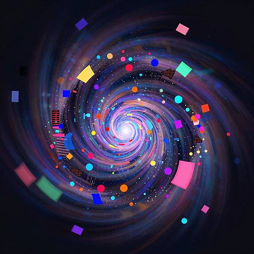 Digital art of a vibrant, colorful, swirling galaxy with neon cubes and dots, radiating from a bright white center against a dark space background.