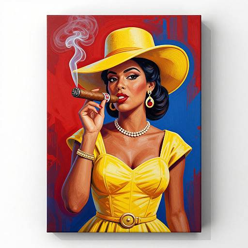 Digital illustration of a glamorous woman with dark skin, wearing a yellow dress, wide-brimmed hat, pearl necklace, and earrings, smoking a cigar