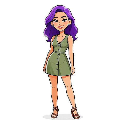 Cartoon-style drawing of a smiling woman with purple hair, wearing a green dress, buttoned down the front, and brown sandals.