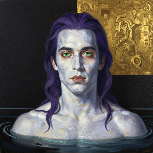 Digital painting of a pale, muscular, shirtless man with long purple hair, green eyes, and glowing white skin, emerging from water, with a