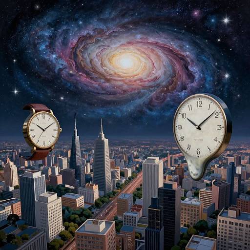 Photograph-like digital artwork of a cityscape with two floating clocks, one in the foreground and one in the background, under a glowing, colorful spiral
