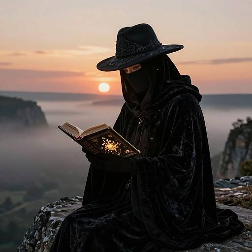 Photograph of a hooded figure in black cloak and wide-brimmed hat, reading a glowing book at sunset on a rocky cliff. Misty