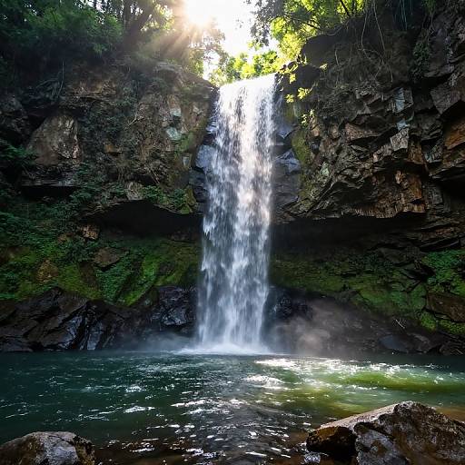 Photograph of a tall, cascading waterfall, surrounded by lush green moss on dark rocky cliffs, with sunlight filtering through trees above.