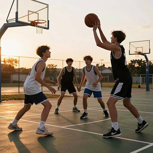 Teenagers Playing Basketball at Sunset