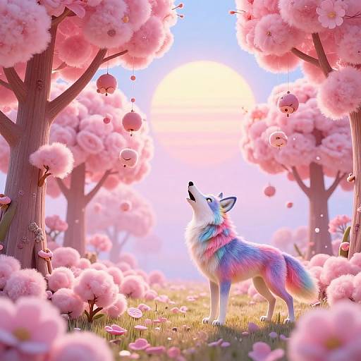 Digital artwork of a colorful, multicolored wolf howling under sunlit pink cherry blossom trees, surrounded by pink flowers and floating orbs.