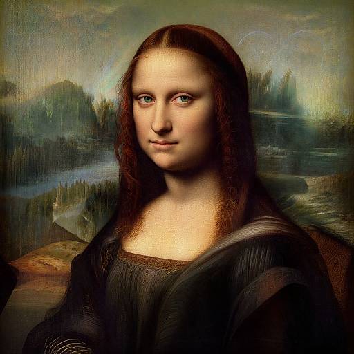 Digital artwork of a young woman with pale skin, long red hair, and blue eyes, wearing a dark robe, in the style of Leonardo da Vinci