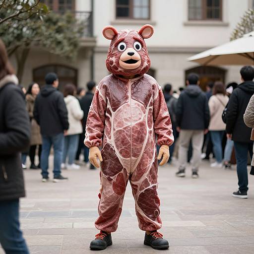 Photograph of a person in a red bear mascot costume with white marbled patterns, standing in a busy urban plaza. Blurred crowd in background.