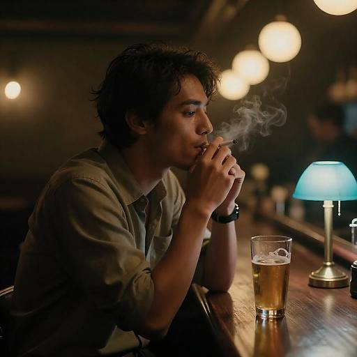 Man Smoking at Dimly Lit Bar