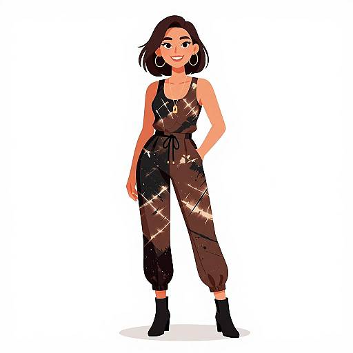 Digital illustration of a smiling woman with short black hair, wearing a black, glittery, sleeveless jumpsuit, black ankle boots, and large hoop