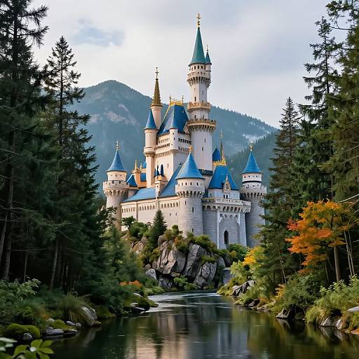 Photograph of a fairy-tale castle with blue roofs and golden spires, nestled among tall evergreen trees and surrounded by a calm river, with