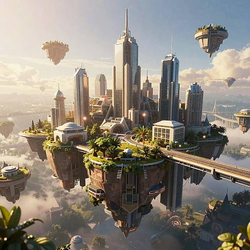 Digital artwork of a futuristic cityscape with towering skyscrapers, floating islands, lush greenery, and a suspension bridge, set against a bright,