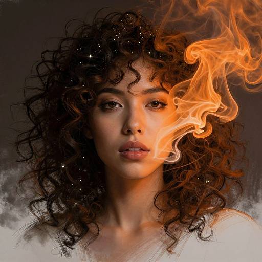 Photograph of a curly-haired woman with dark skin, glowing eyes, and an orange flame emerging from her forehead against a dark, starry background.