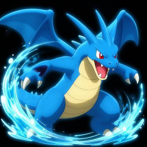 Digital illustration of a blue, dragon-like Pokémon, Dragonite, with red eyes, open mouth, and wings, surrounded by a glowing blue water ring