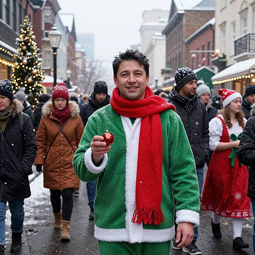 Photograph of a smiling man in a green and white Santa suit with red scarf, holding a candy cane, on a snowy, festive street with decorated