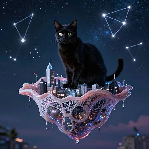 Digital artwork of a black cat with glowing green eyes sitting on a glowing, spider-web-like city floating in a starry night sky.