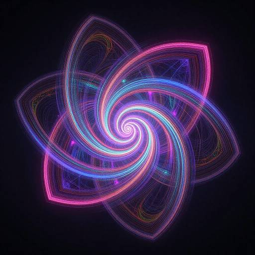 Neon pink and blue spiral flower pattern with glowing lines on a dark blue background, digital art with vibrant, swirling lights.