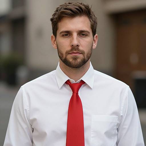 Photograph of a serious, bearded white man with short brown hair, wearing a white dress shirt and bright red tie, standing in an urban,