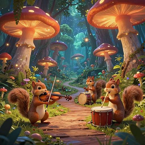 Whimsical forest scene: three adorable, furry brown squirrels play violin, drum, and cello under glowing, oversized mushrooms surrounded by lush green