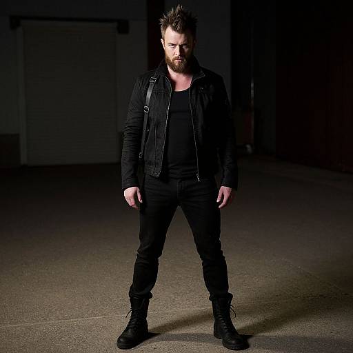 Photograph of a bearded man with spiked hair standing in a dimly lit room, wearing a black jacket, shirt, jeans, and boots,