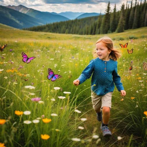Freckled Child Chasing Butterflies in Meadow