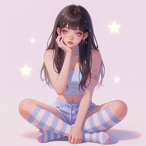 Digital anime-style drawing of a cute, blushing girl with long black hair, wearing a white crop top, blue shorts, and striped knee-high socks