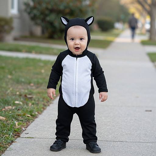 Photograph of a baby with light skin, wearing a black and white raccoon onesie, standing on a suburban sidewalk, with blurred background.