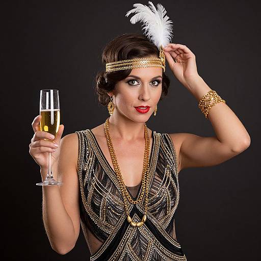 Vintage glamour photograph of a woman with dark hair, red lipstick, gold headband, and feather, holding a champagne glass, wearing beaded dress and