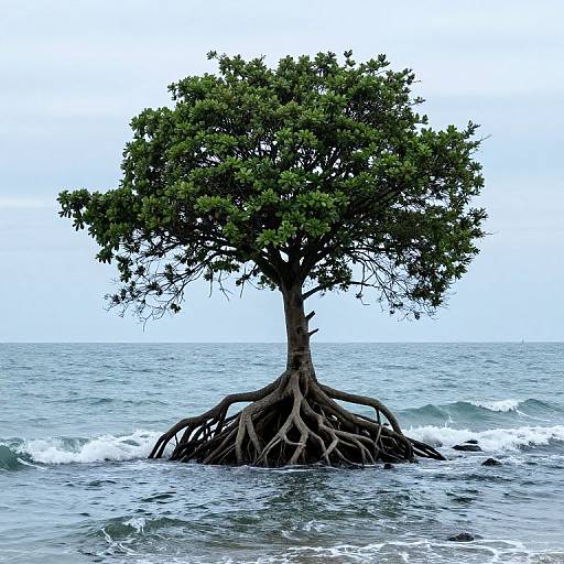 Photograph of a solitary, leafy tree with exposed, gnarled roots emerging from the ocean's surface, waves gently crashing around it, under