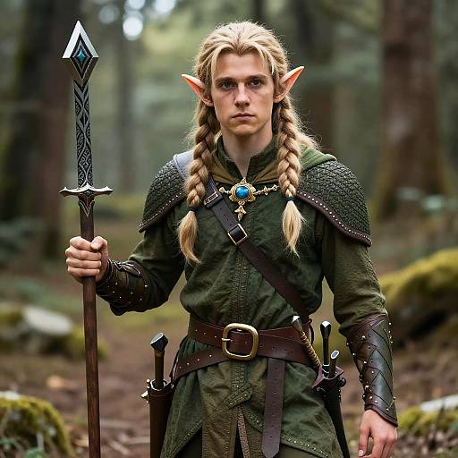 Photorealistic CGI of a serious, blonde, elf warrior with pointed ears, green armor, braided hair, holding a ornate sword in a