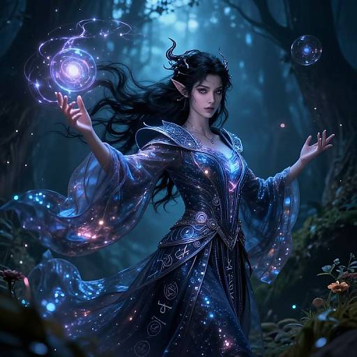 Digital fantasy artwork of an elf woman with long black hair, glowing blue magic sphere in hand, wearing a dark, ornate dress, in a moon