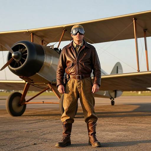 Photograph of a man in vintage aviator gear, brown leather jacket, goggles, tan pants, and boots, standing in front of a vintage bi