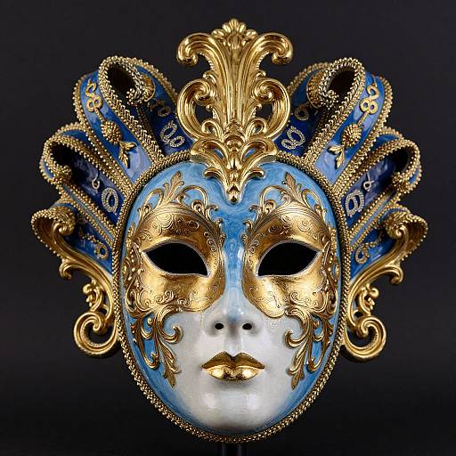 Glamorous, ornate Venetian masquerade mask with white face, blue background, gold floral accents, and intricate gold crown-like head
