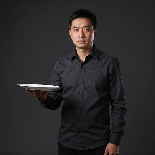 Serious Man with Plate in Dim Setting