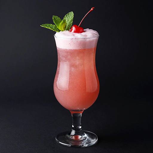 Photograph of a pink cocktail in a tall, curved glass with whipped cream, green mint leaves, and a cherry with a red stem, set against