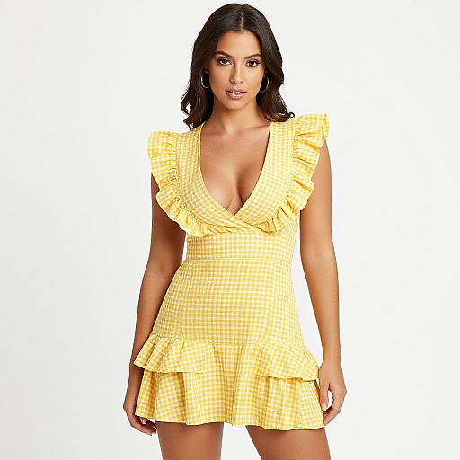 Photograph of a dark-haired woman with medium skin tone wearing a yellow gingham dress with ruffles, deep V-neck, and short sleeves, standing