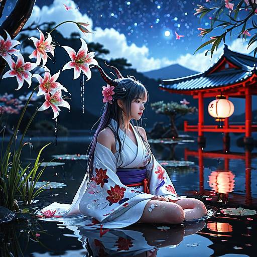 Digital artwork of a Japanese woman with long black hair, white floral kimono, and red obi, sitting in a moonlit pond, surrounded by