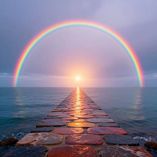 Photograph of a stone pathway leading to a bright, colorful rainbow over a calm ocean at sunset with a glowing sun.