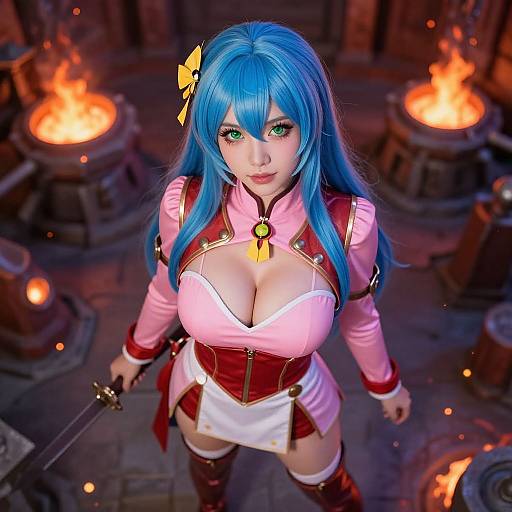 Digital artwork of a blue-haired, green-eyed woman in a pink and red fantasy outfit with large breasts, holding a sword, standing in a fiery,