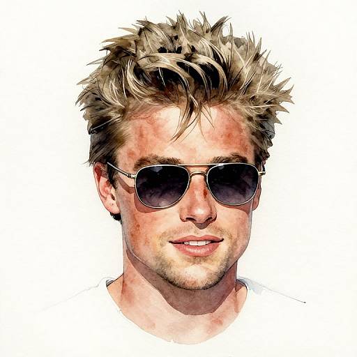 Digital drawing of a handsome, blond, spiky-haired man with tan skin, wearing dark aviator sunglasses and a white shirt, smiling.