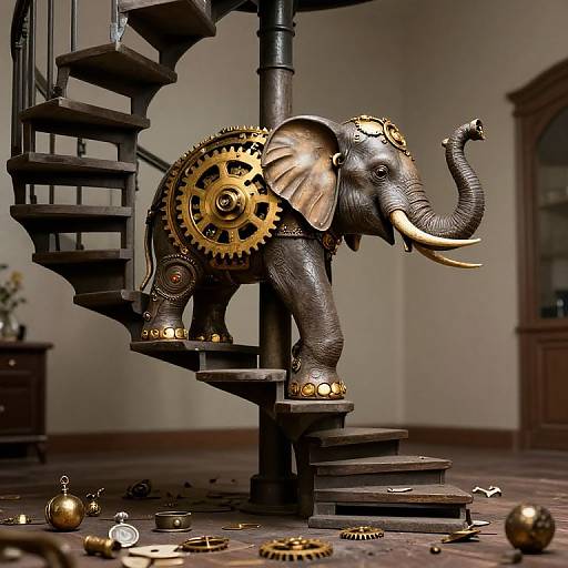 Photorealistic CGI of a mechanical, steampunk elephant with golden gears and brass accents, standing on a spiral staircase in a dimly-lit