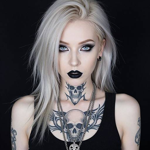 Photograph of a pale-skinned woman with platinum blonde hair, black lipstick, blue eyeshadow, skull tattoos, black tank top, and silver